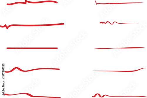 Red Underline Brush Strokes Set. Hand Drawn Marker Lines Vector. Perfect for highlighting text and marking important content.