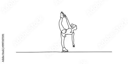 Single line drawing of a figure skater performing a difficult spin and pose on ice Vector, illustration