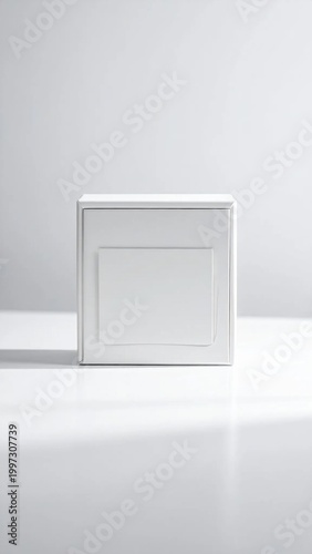 Minimalist white square box lid isolated on a seamless surface, smooth texture, product packaging mockup, clean geometric design for industrial presentation