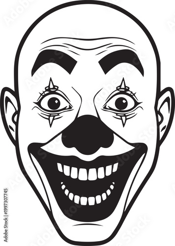 An Unnerving black and white clown face with a grotesque grin, its exaggerated features and piercing eyes create a disturbing image.