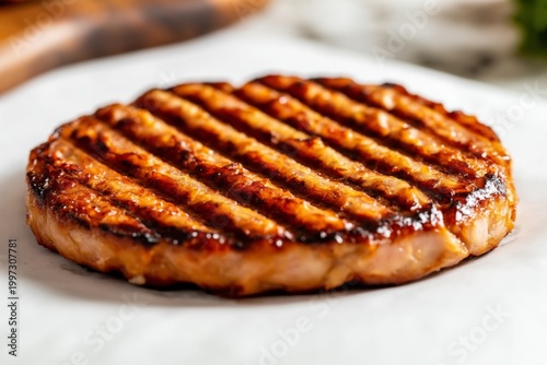 Sliced Grilled Meat Patty Placed on a White Plate at a Kitchen Table During M...