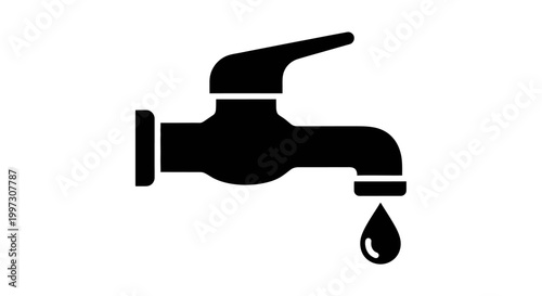 Simple black faucet with a single droplet a stark silhouette