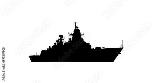 Detailed black silhouette of a modern naval destroyer ship silhouette