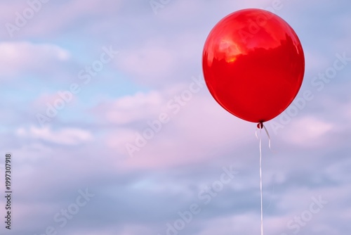 Red Balloon Floating Against a Cloudy Sky During Sunset in an Outdoor Setting