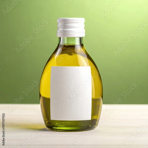 Glass bottle of extra virgin olive oil with empty white label on wooden table, culinary ingredient, healthy nutrition, organic food product