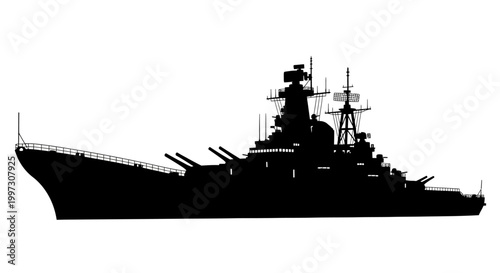 Detailed black silhouette of a large naval battleship at sea
