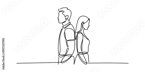 Couple standing back to back in a minimalist line art style Vector, illustration