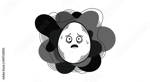 Anxious face in dark chaotic swirls.