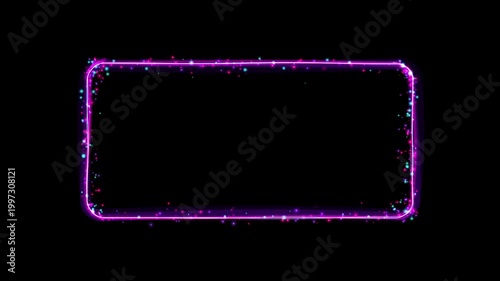 Neon glowing rectangular frame with sparkling particles on black background