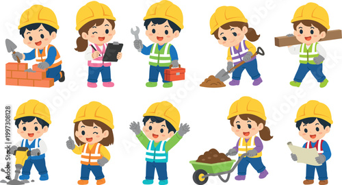 Cute cartoon children dressed as construction workers performing various building tasks, wearing hard hats and safety vests.