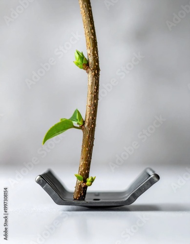 Fresh green sprout growing from industrial metal bracket representing sustainability and nature versus technology growth, development, renewal, environmental impact