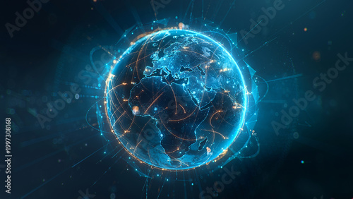 Fotografi Futuristic digital globe of Earth with glowing data points network connections on a dark background