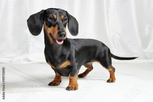 Dog Standing in a Studio With a Neutral Background While Looking at the Camera