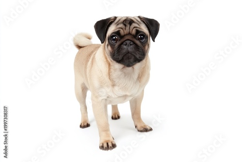 Pug Standing on White Background With Curious Expression and Alert Posture Du...