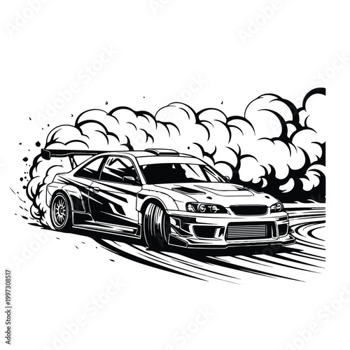 A dynamic vector illustration captures a stylized rally car performing a drift maneuver, emitting thick smoke against a stark white background with sharp lines and energetic motion