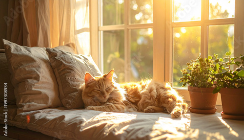 Ginger cat sleeping on windowsill in warm afternoon sunlight