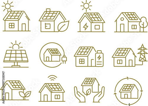 Solar Energy Home Line Icons Set, Eco House Renewable Energy Outline Collection