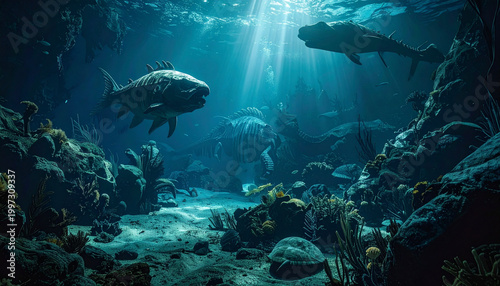 Prehistoric marine life and ancient fish in an underwater seabed scene