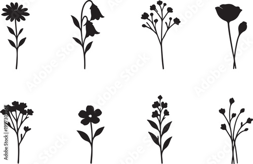 8 Minimalist Wildflower, Floral Icons, Botanical Set Silhouette Vector