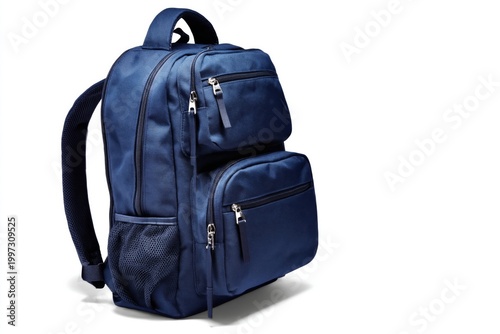 Navy Blue Backpack With Multiple Pockets and Zippers on a White Background