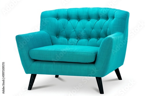 Bright Teal Chair With Tufted Backrest Positioned Against a Plain Background