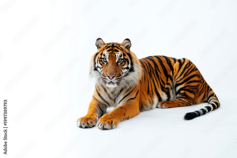 Fototapeta premium Tiger Resting on White Surface in a Studio Setting During the Day