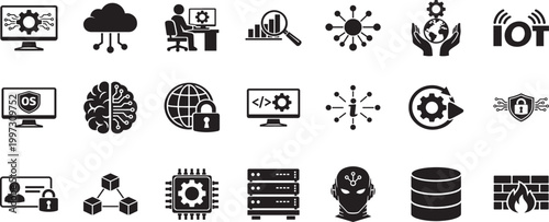 Information technology icon set with modern symbols for digital network computing and tech systems