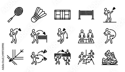 Badminton icon set with 15 line vector elements, professional sports equipment and athlete silhouettes, shuttlecock and racket symbols for tournament design