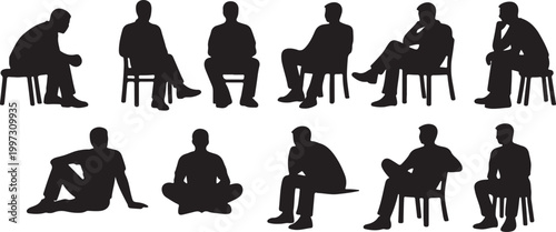 Sitting men, male figures set, seated person silhouettes vector icons