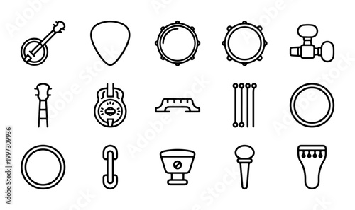 Banjo and bluegrass music icons, 15 line art vector elements of folk instruments and accessories, acoustic string instrument equipment set