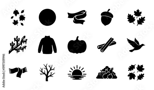 Autumn season solid icon set, 15 black vector silhouettes of fall nature and cozy lifestyle elements, pumpkin and foliage graphics for thanksgiving