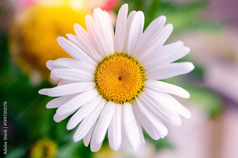 Fototapeta premium Bright White Flower With Yellow Center Stands out in Green Background During Sunny Day