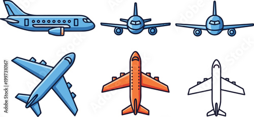 A colorful illustration of various airplanes in different views and colors on a white background