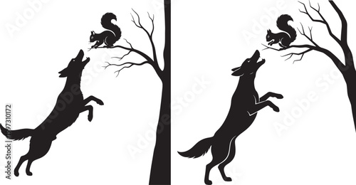 Wolf and squirrel silhouette on white background with bushy tail squirrel wildlife silhouette reaching predator contrast illustration minimalist creature activity stylized overhead