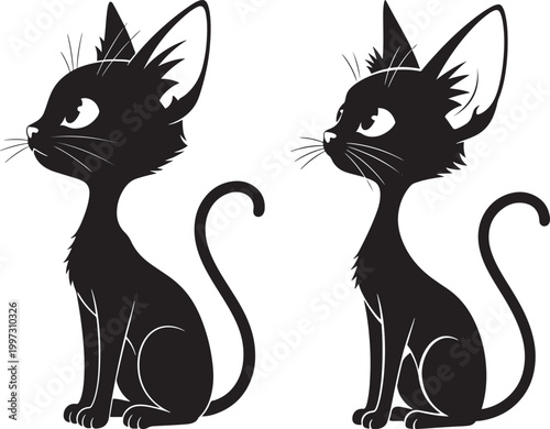 Two black cat silhouettes sitting and looking sideways with curled tail silhouette domestic side view illustration minimalist stylized whiskers watchful comparison contrast