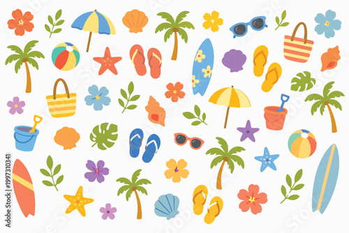 Beach Pattern Holiday Fun Beach Umbrella Surf Board Sunglasses Beach Bag Beachwear Ball Flip Flops Beach Bucket Seamless Repeat Pattern Vector Print