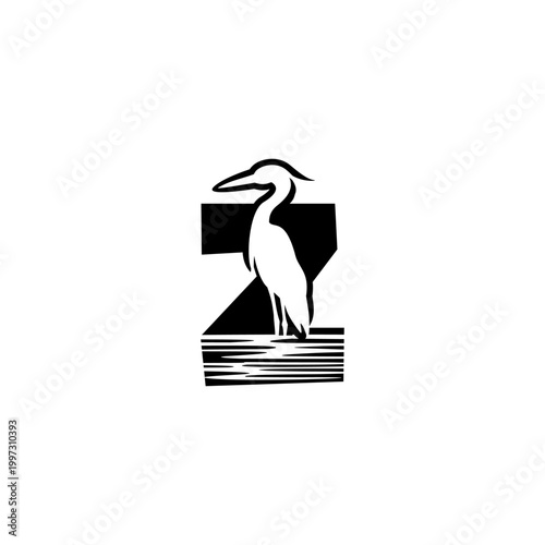 Clean monochrome vector logo featuring a standing crane combined with an alphabet letter Z, ideal for brand identity, corporate logo, minimalist design, and emblem use.