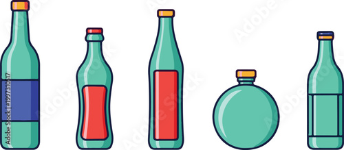 A colorful illustration of various green bottles with different labels and shapes on a white background