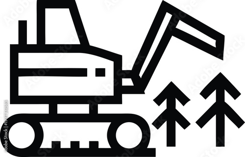 Industrial forestry machine excavator next to stylized trees for logging and land clearing operations