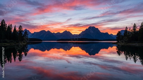 Mountain view from lake and sun is shining