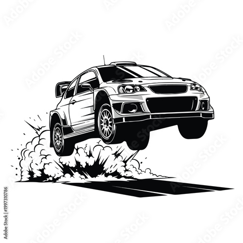 Monochrome rally car performing an airborne jump with dust and debris exploding from the ground in a dynamic, action-packed illustration