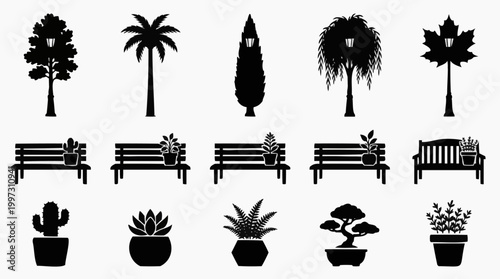 Set of park and garden silhouettes featuring tree street lamps, benches, and potted plants
