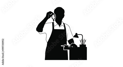 A jeweler examines a gemstone with a loupe a striking black silhouette