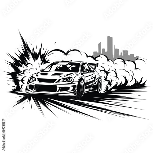 Monochrome rally car performs a dynamic drift with smoke and explosions against a stylized city skyline, conveying a powerful and energetic scene