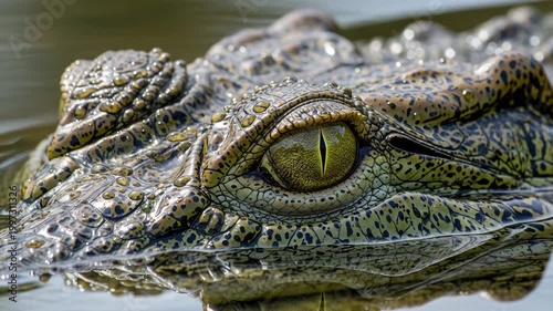 Crocodile eye detail in natural swamp habitat.