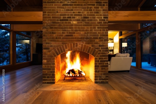 Cozy Living Room With a Fireplace and Large Windows in the Evening
