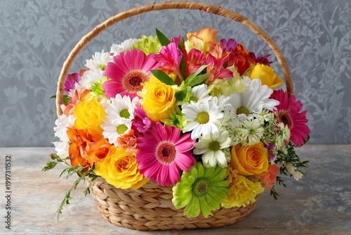 Bright Bouquet of Flowers in a Basket With Various Colors and Shapes on a Sim...