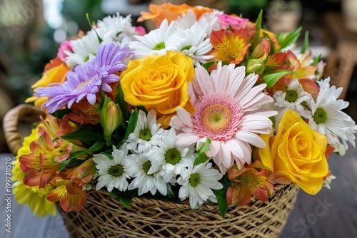 Bright Bouquet of Flowers in a Basket With Various Colors and Shapes on a Sim...
