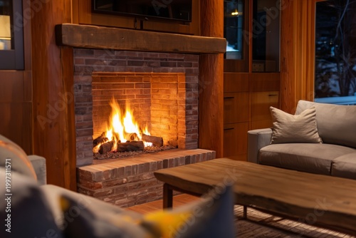 Cozy Evening by the Fireplace in a Cabin With Wooden Interior and Warm Light