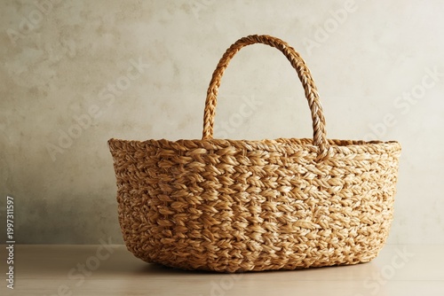 Woven Basket Placed on a Wooden Surface in a Simple Indoor Setting During Day...
